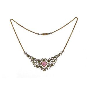 Buccellati 18K Gold Tourmaline & Emerald Heart Flower Necklace Size 15"